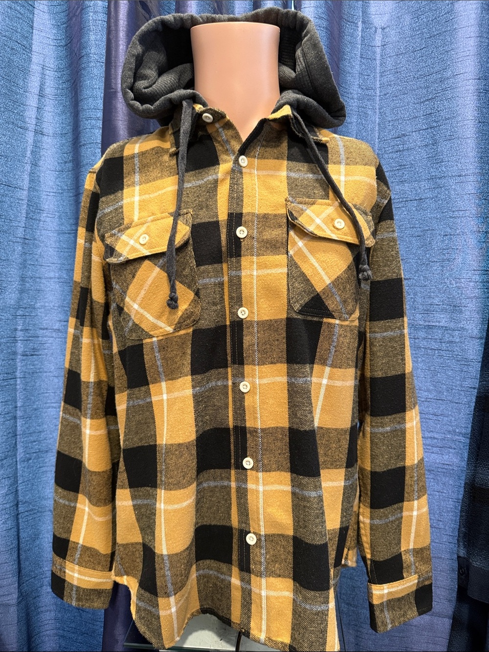 Free Planet Flannel Mustard & Black Hooded Plaid Shirt Jacket
